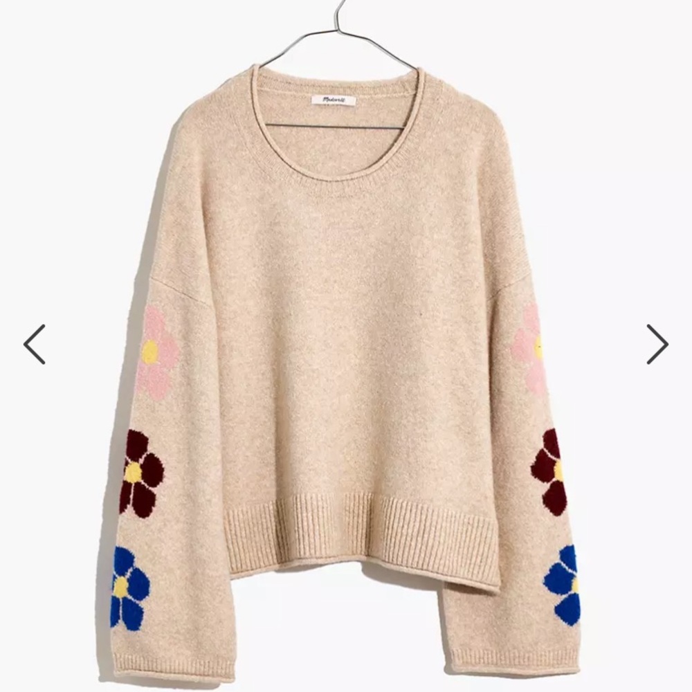 Madewell Belmore Floral-Sleeve Pullover Sweater